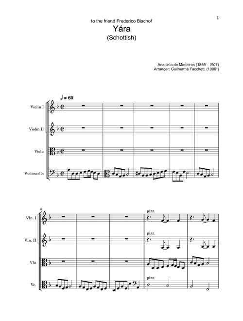 Anacleto de Medeiros - Yára. Arrangement for String Quartet. Complete Score and Parts (Arr. Guilherme Facchetti) (String Ensemble)