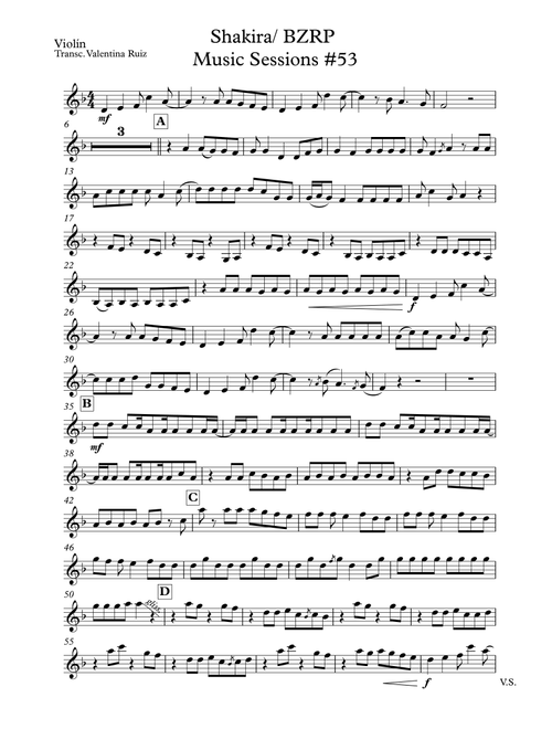 Shakira: Bzrp Music Sessions Vol. 53 (Arr. Valentina Ruiz) - Shakira / Bizarrap (Violin Solo)