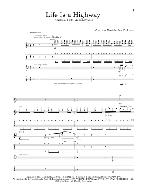 Life Is A Highway (from Cars) - Rascal Flatts (Guitar Tab)