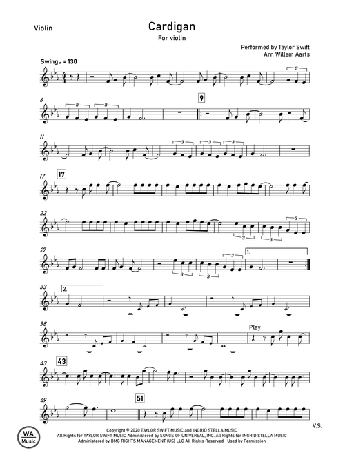 Cardigan (Arr. Willem Aarts) - Taylor Swift (Violin Solo)