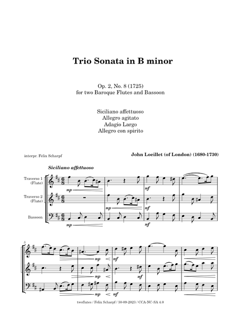 Trio Sonata No 8, Op. 2 (complete) - John Loeillet ("of London") for 2 Baroque Flutes and Bassoon