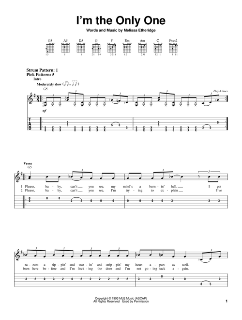 I'm The Only One - Melissa Etheridge (Easy Guitar with TAB)