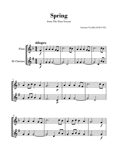 Spring from 'The Four Seasons' by Vivaldi - Easy Flute and Clarinet Duet. (Arr. Gisele Sant'Ana) - Antonio Vivaldi (Instrumental Duet)