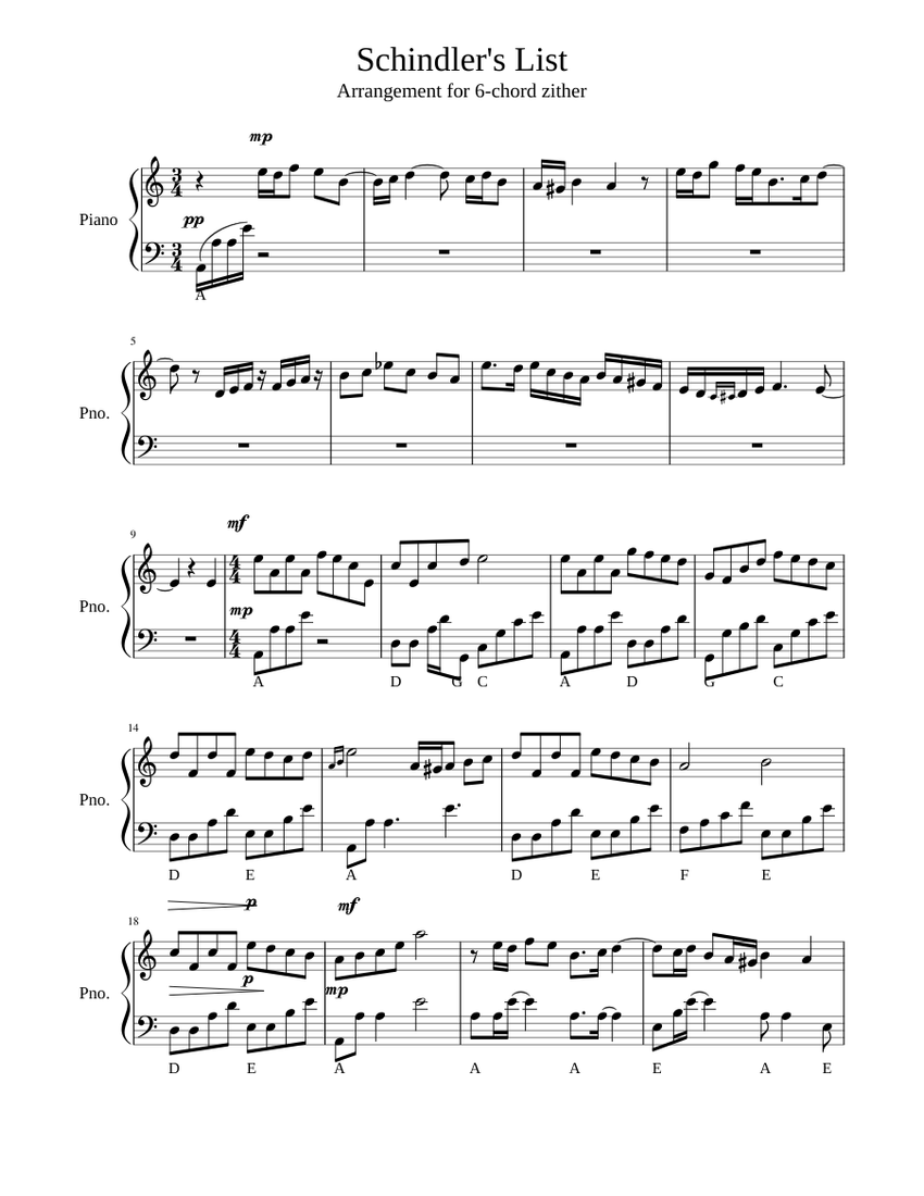 The Schindler s List arrangement for 6 Chord Zither please read the info Sheet music for Piano Solo Musescore
