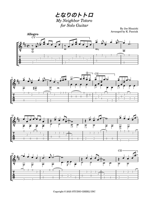 My Neighbor Totoro (Arr. Kenneth Pasciak) - Jou Hisaishi (Guitar Tab)