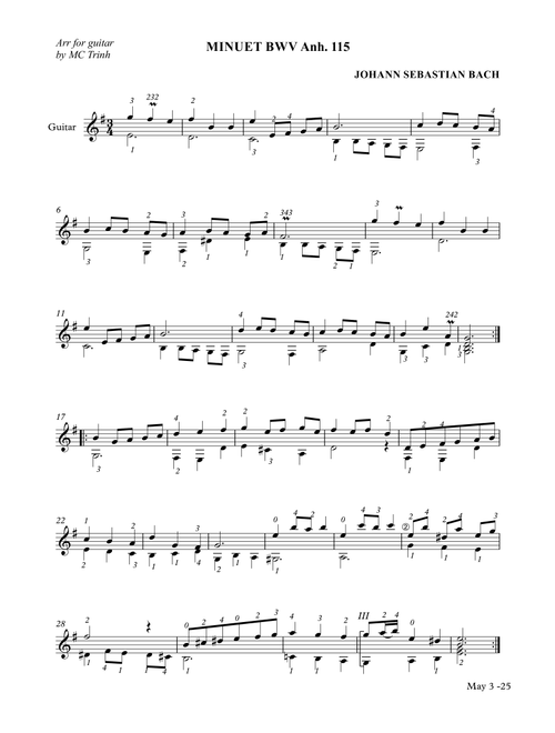 MINUET BWV Anh 115 (Arr. MC Trinh) - J S Bach (Solo Guitar)