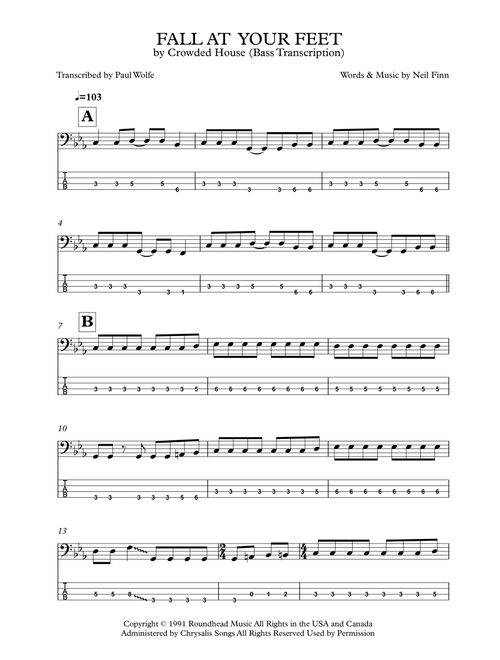 Fall At Your Feet (Arr. Paul Wolfe/How To Play Bass Dot Com) - Crowded House (Bass Tab)