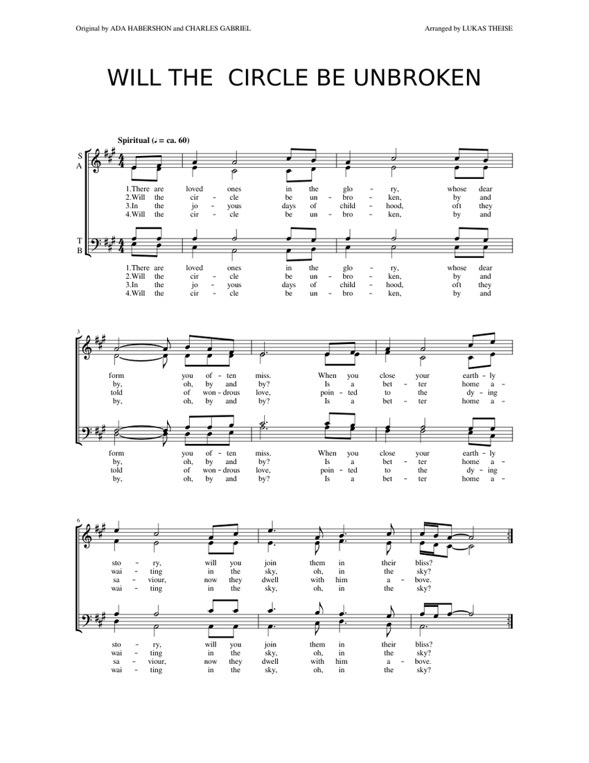 Will the circle be unbroken (SATB) Sheet Music for Female, Male (Choral ...
