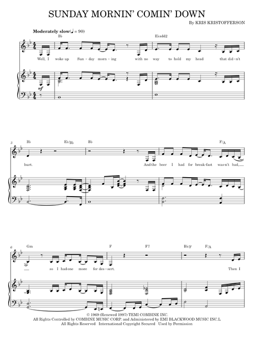 Sunday Mornin' Comin' Down - Johnny Cash, Kris Kristofferson (Piano-Vocal-Guitar)