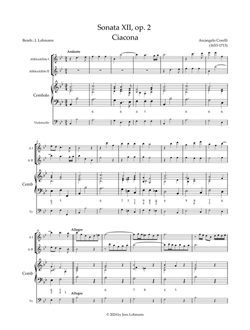 Sonata XII, op. 2 - Ciacona (Arr. Jens Lohmann) - Arcangelo Corelli (1653-1713) (Small Ensemble)