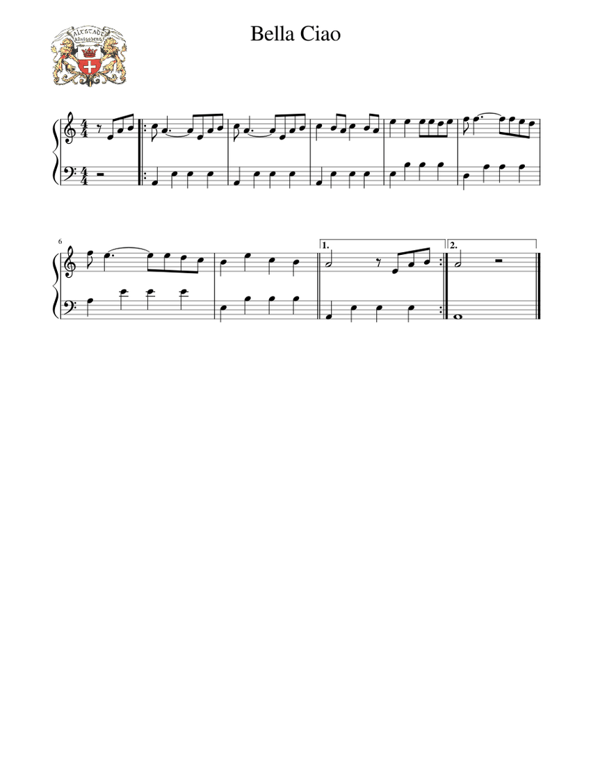 Bella Ciao Песня итальянских партизан Easy Sheet music for Piano (Solo ...