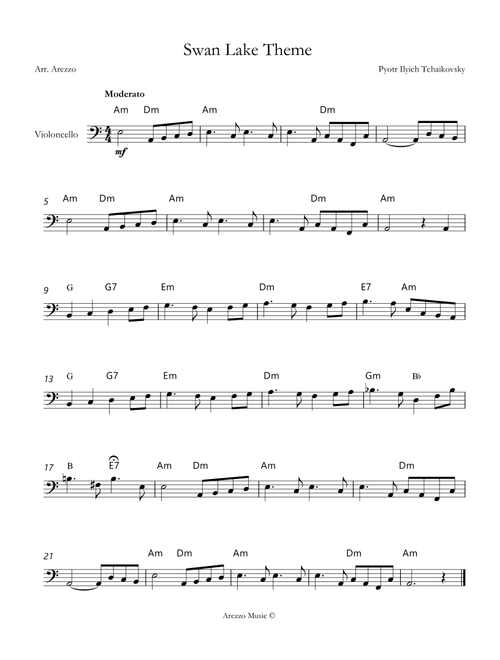Tchaikovsky – Swan Lake (Theme) | Cello Lead Sheet with Chord Symbols in A minor (Arr. Arezzo Music) (Cello Solo)