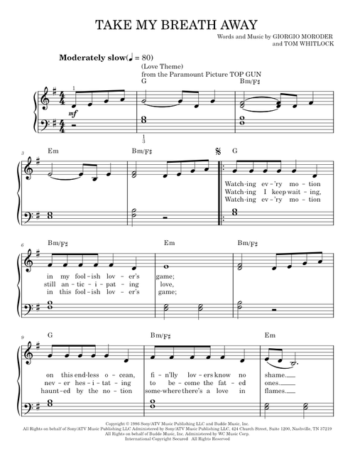 Take My Breath Away (Love Theme) - Berlin, Jessica Simpson (Easy Piano)