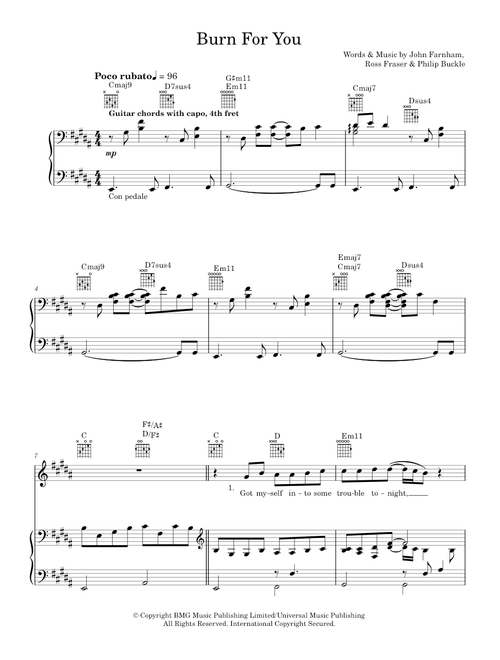 Burn for you - John Farnham (Piano-Vocal-Guitar (Piano Accompaniment))