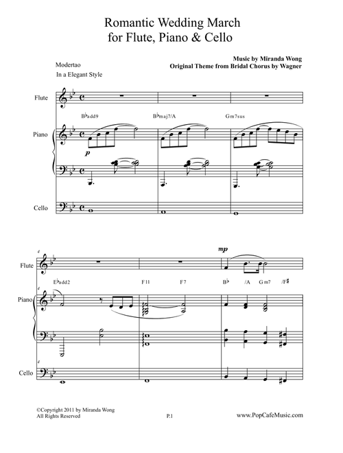 Romantic Wedding March - Short Version for Flute, Piano & Cello (Arr. Miranda Wong) - Wagner (Small Ensemble)