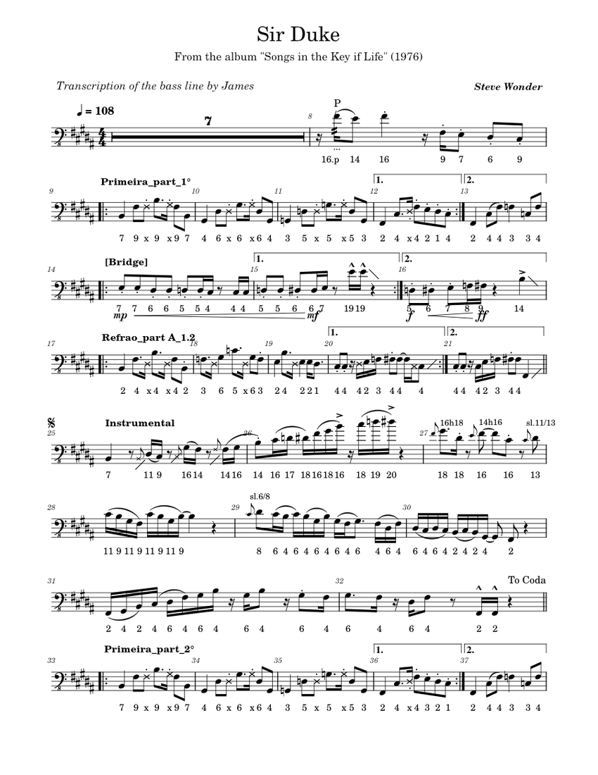 Steve Wonder - Sir Duke Sheet Music with Chords for Bass