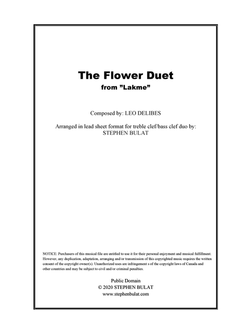 The Flower Duet (from "Lakme") - lead sheet for treble clef and bass clef duo (key of A) (Arr. Stephen Bulat) - Leo Delibes (Piano-Vocal-Guitar)