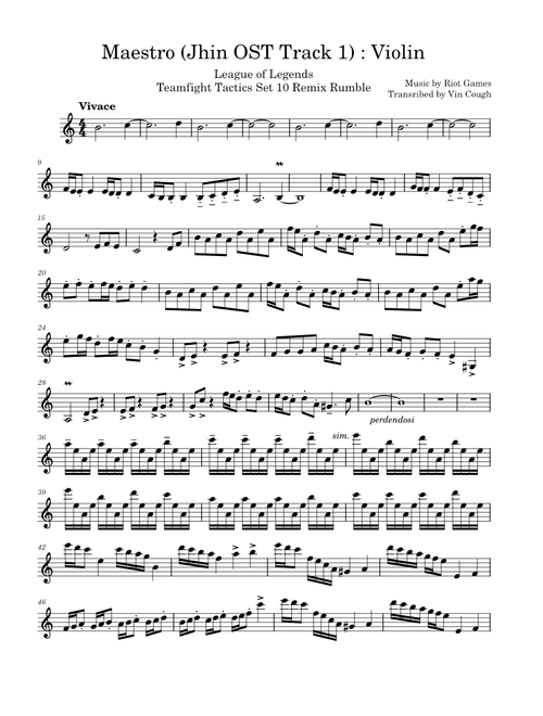 Jhin theme – Riot Games League of Legends TFT Set 10: Remix Rumble - Jhin's Soundtrack 1 (Maestro) Violin Sheet Music