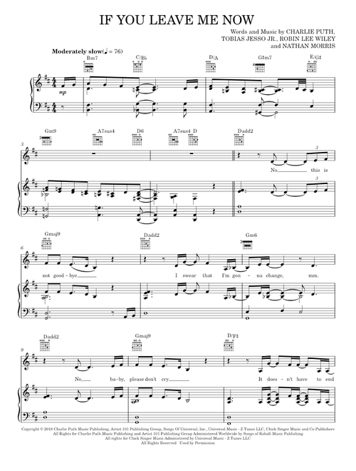 If You Leave Me Now - Charlie Puth feat. Boyz II Men (Piano-Vocal-Guitar)
