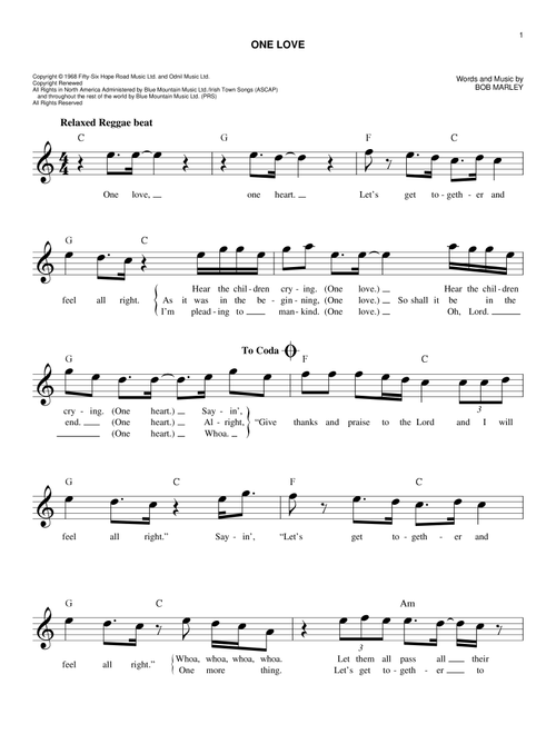 One Love - Bob Marley (Easy Lead Sheet - Fake Book)