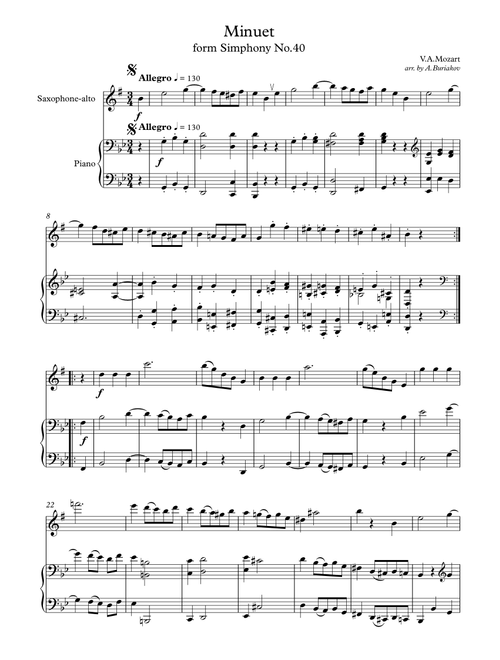 Minuet from Siphony No.40 (saxophone-alto) (Arr. A.Buriakov) - W.A.Mozart (Alto Sax and Piano)
