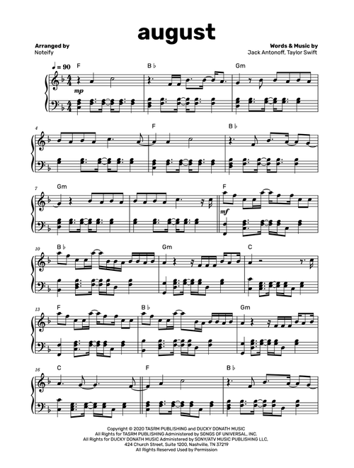 August (Arr. Noteify) - Taylor Swift (Piano Solo)