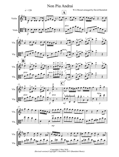 Non Più Andrai for Violin and Viola Duet (Arr. David Burndrett) - W.A Mozart (Instrumental Duet)