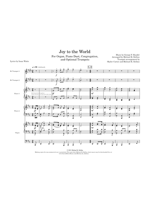 Joy to the World (6 hands + congregation) – Arr. Michael K. Rollins