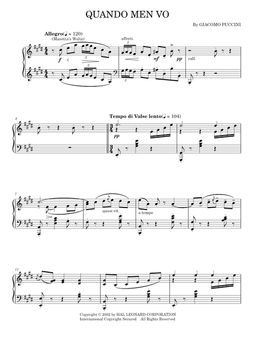 Quando Men Vo (Musetta's Waltz) - Giacomo Puccini (Piano Solo)