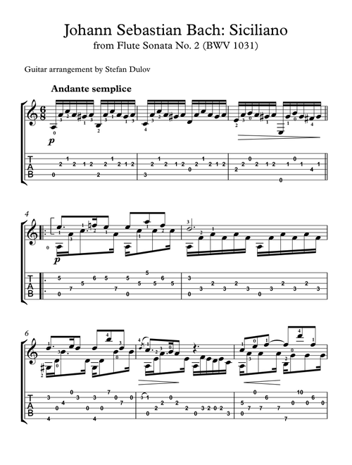 Siciliano from Flute Sonata No. 2 (BWV 1031) guitar arrangement (Arr. Stefan Dulov) - Johann Sebastian Bach (Guitar Tab)