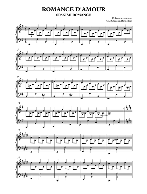 Romance D’Amour (Arr. Christian Bennedsen) - Unknown composer (Piano Solo)