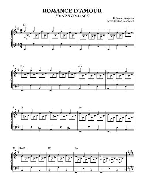 Romance D’Amour (Arr. Christian Bennedsen) - Unknown composer (Piano Solo)
