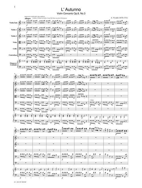 Vivaldi L' Autunno Violin Concerto Op.8, No.3, for string orchestra, SV003 (String Quartet)
