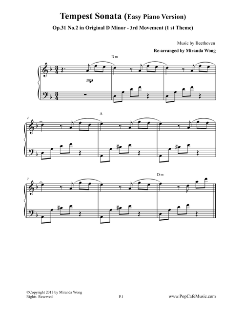 Piano Sonata Op.31 No.2 (1st Theme of 3 rd Movement) - (Tempest) (Arr. Miranda Wong) - Beethoven (Piano Solo)