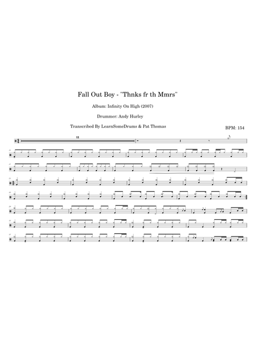 Fall Out Boy - "Thnks Fr Th Mmrs" - (Drum Score)
