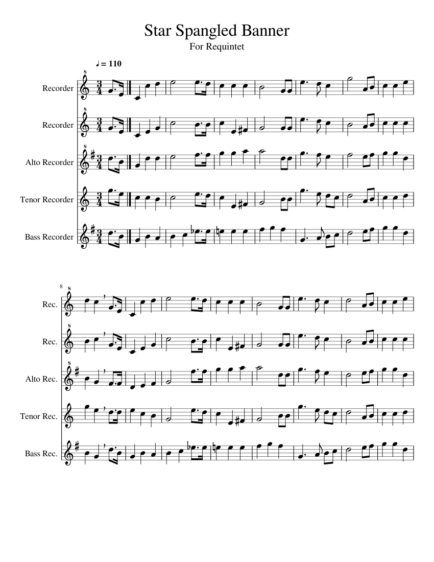Star Spangled Banner Sheet Music for Recorder (Woodwind Duet ...