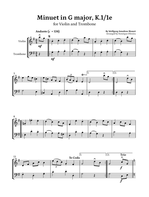 Minuet in G major, K.1/1e (Violin and Trombone) - W. A. Mozart (Arr. Henrique Oliveira) - Wolfgang Amadeus Mozart (Instrumental Duet)