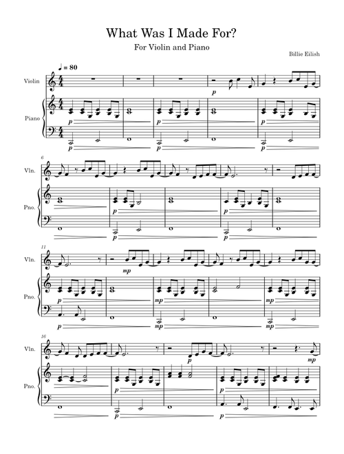 What Was I Made For? – Billie Eilish For Violin and Piano