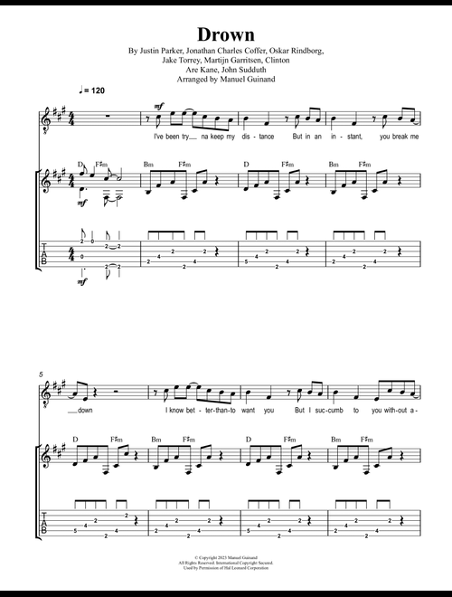Drown (Arr. Manuel Guinand) - John Sudduth, Justin Parker, Martijn Garritsen (Piano-Vocal-Guitar (Piano Accompaniment))