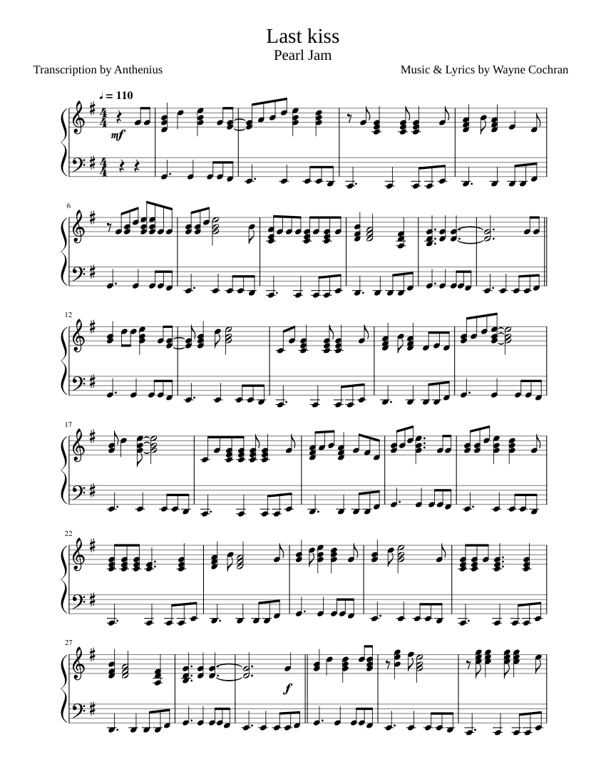 Last Kiss Pearl Jam Sheet music for Piano (Solo)