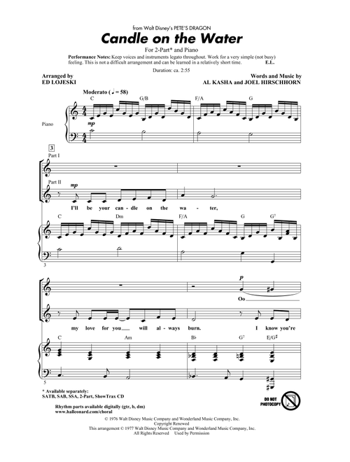 Candle On The Water (from Pete's Dragon) (arr. Ed Lojeski) - Helen Reddy (Choral, 2-Part)