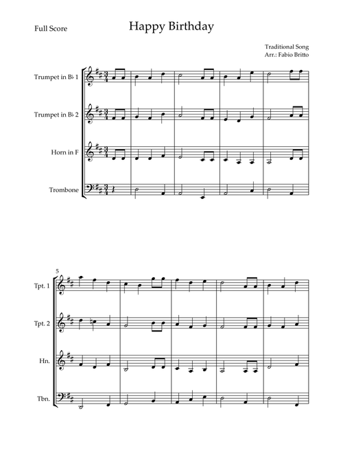 Happy Birthday Song (Easy Version) for Brass Quartet (Arr. Fabio Britto) - Traditional Song (Brass Ensemble)