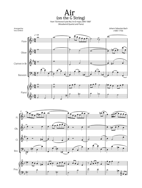 "Air - on the G string" (Bach) - Beautiful EASY version for WIND QUARTET and PIANO. (Arr. Iury Cardoso) - Johann Sebastian Bach (Small Ensemble)