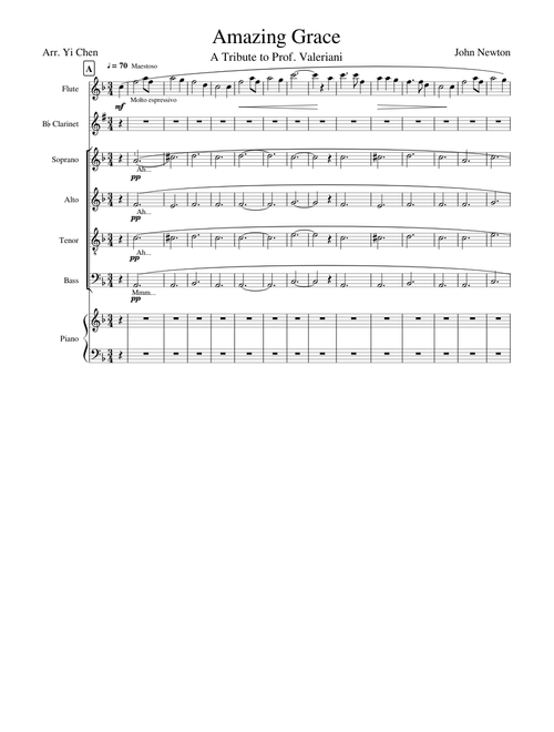 Amazing Grace for SATB, Piano, Flute and Clarinet