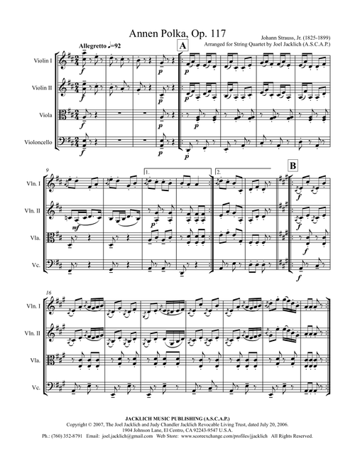 Annen Polka, Op. 117 (String Quartet) (Arr. Joel Jacklich (ASCAP)) - Johann Strauss, Jr. (String Quartet)