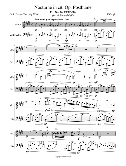 Nocturne in c#, Op. Posthume [P 1, No. 16, KKIVa/16] - F Chopin  (Violin & Cello)