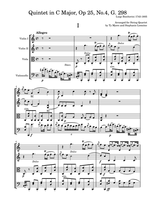 String Quintet in C Major, Op. 25 No. 4 (G.298) - arranged for String Quartet (Arr. Ty Myers and Stephanie Lemoine) - Luigi Boccherini (String Quartet)