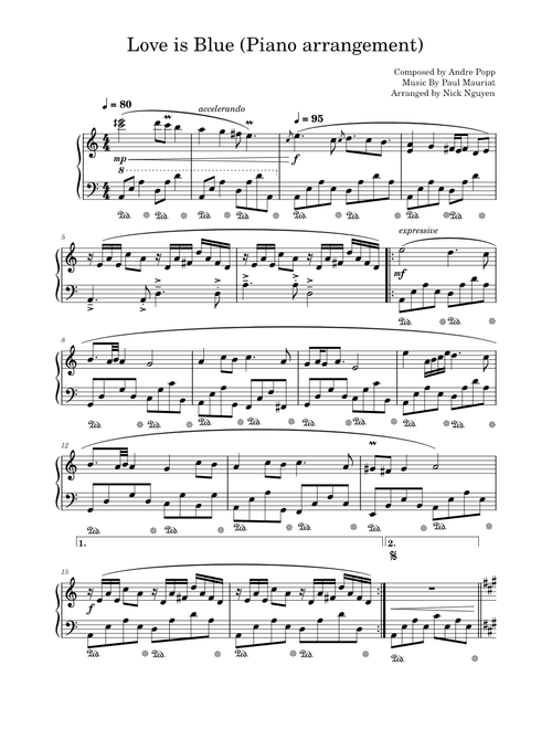 L'AMOUR EST BLEU  (LOVE IS BLUE) – Andre Popp -  Love is Blue  (Piano arrangement)