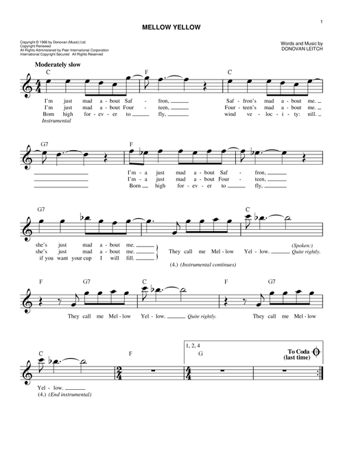Mellow Yellow - Donovan (Easy Lead Sheet - Fake Book)