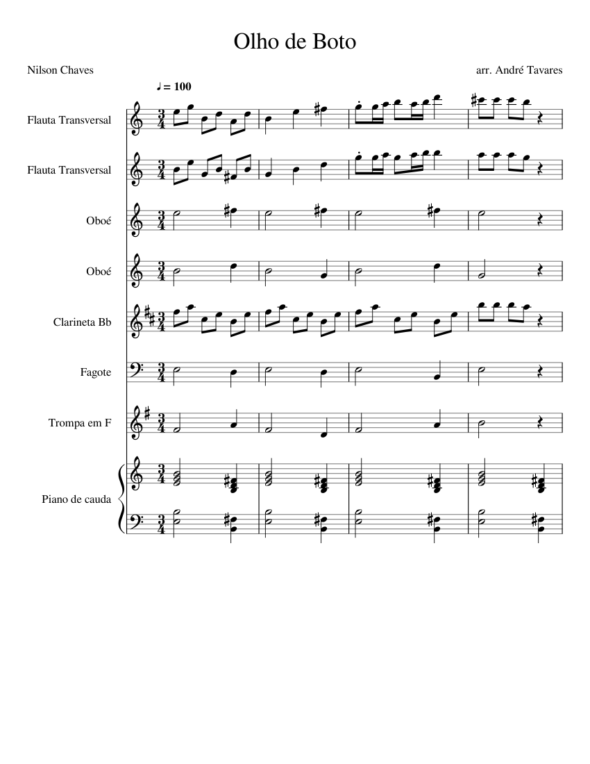 Olho de Boto Sheet Music for Piano, Flute, Oboe, Clarinet in b-flat ...
